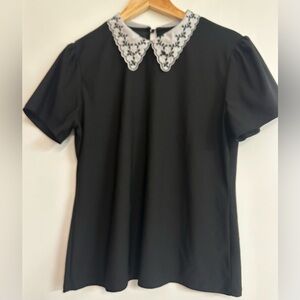 AUW Black Blouse with White Embroidered Collar